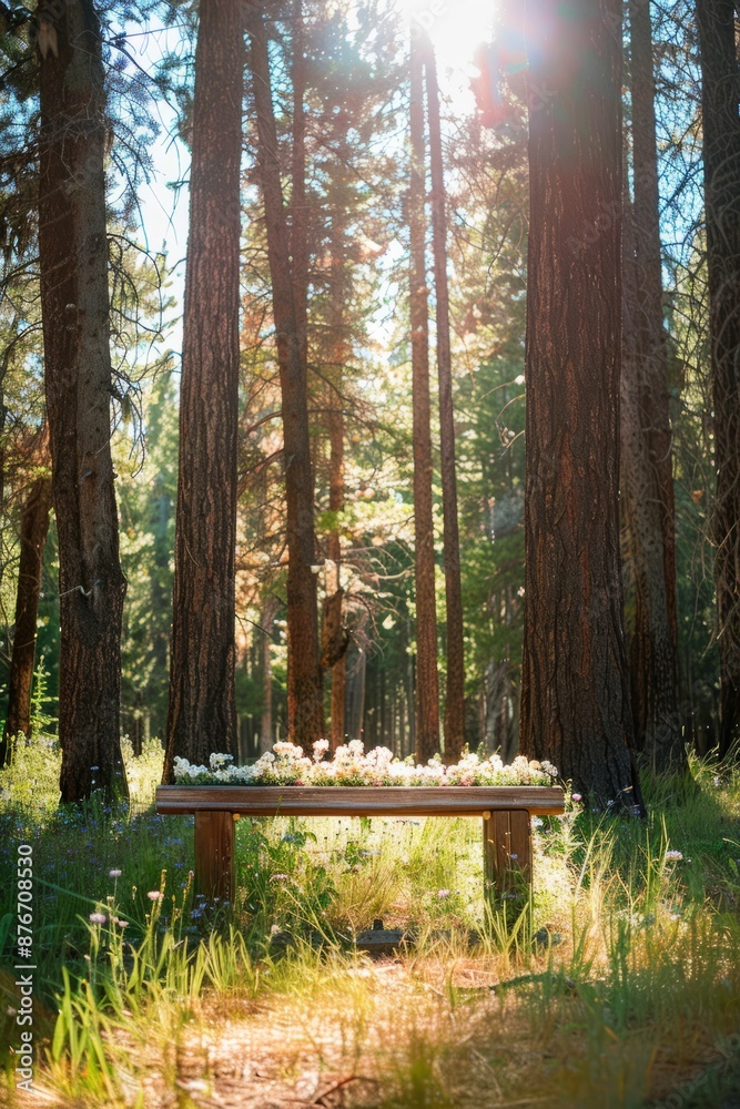 A simple wooden altar adorned with wildflowers, set within a sunlit meadow surrounded by towering trees, Generative AI A simple wooden altar adorned with wildflowers, set within a sunlit meadow surrounded by towering trees, Generative AI