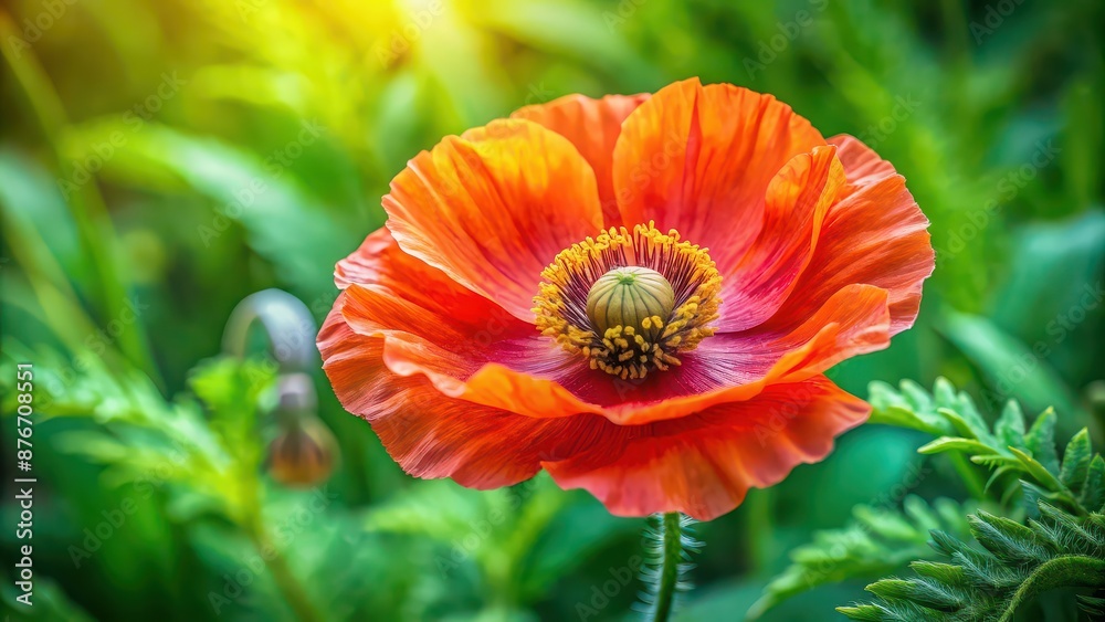 Vibrant poppy flower with detailed petals and golden center in front of soft green leaves, poppy, flower, vibrant, red Vibrant poppy flower with detailed petals and golden center in front of soft green leaves, poppy, flower, vibrant, red