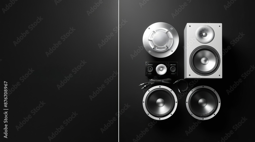 Speakers and Audio Equipment on Black Background. Copy space, flat lay. For use in advertising, electronics promotions, and audio-related projects Speakers and Audio Equipment on Black Background. Copy space, flat lay. For use in advertising, electronics promotions, and audio-related projects