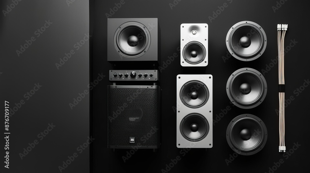 Speakers and Audio Equipment on Black Background. Copy space, flat lay. For use in advertising, electronics promotions, and audio-related projects Speakers and Audio Equipment on Black Background. Copy space, flat lay. For use in advertising, electronics promotions, and audio-related projects