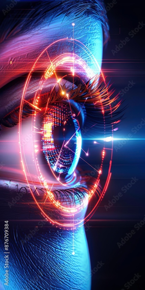 Obraz premium Futuristic digital eye close-up with holographic interface and glowing elements, symbolizing advanced technology and innovation.