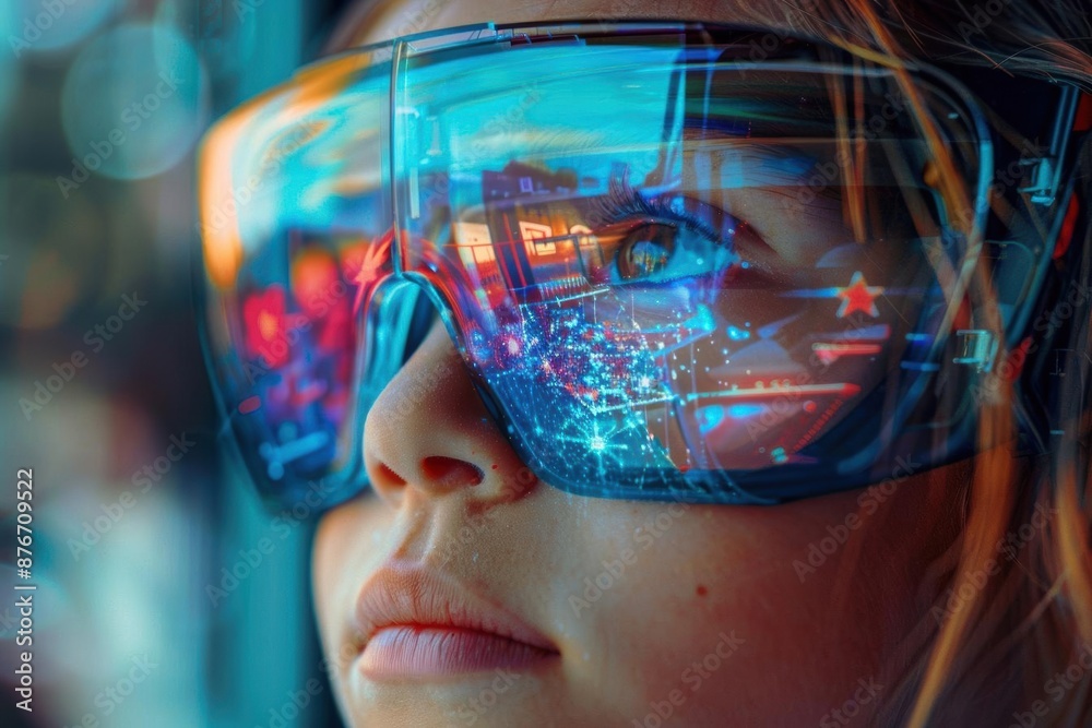 Close-up of a young woman wearing futuristic goggles.