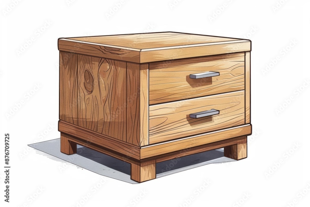 Wooden bedside table with two drawers and a simple design. Wooden bedside table with two drawers and a simple design.