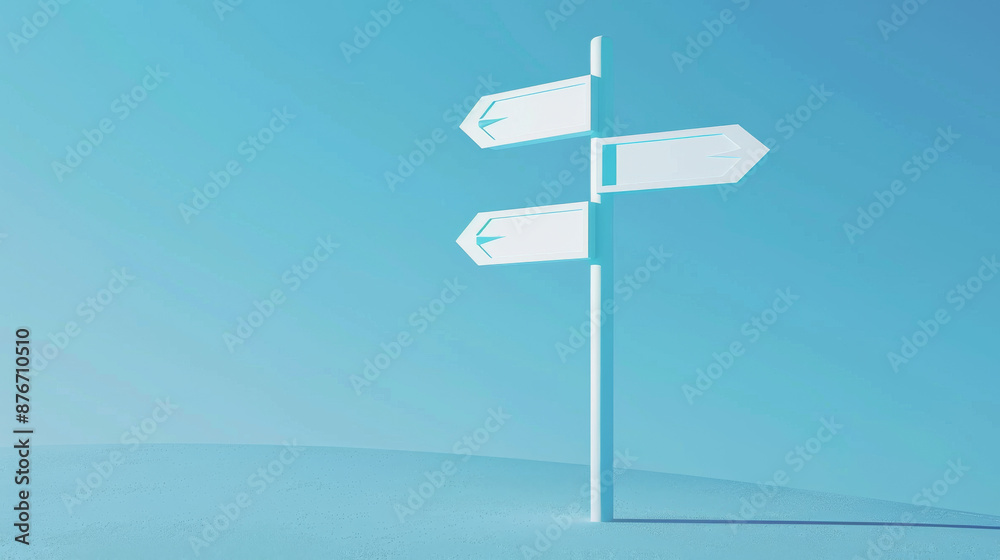 Blue sign with white arrows points out different directions on a light blue background. Shows options for where to go at a crossroads. Simple design, 3D rendering. Blue sign with white arrows points out different directions on a light blue background. Shows options for where to go at a crossroads. Simple design, 3D rendering.