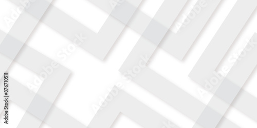 White abstract geometric background with white paper sheets soars as abstract spaces with rectangles, parallel stripes, perspective, shadows in simple strict modern material in triangle and square.