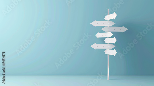 Blue sign with white arrows points out different directions on a light blue background. Shows options for where to go at a crossroads. Simple design, 3D rendering. photo