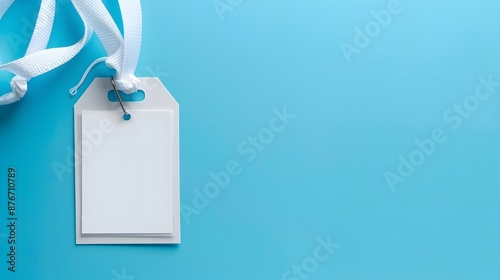 White lanyard and paper empty badge with blank space mock up on blue background. Flat lay, top view, copy spacePhoto Formats photo