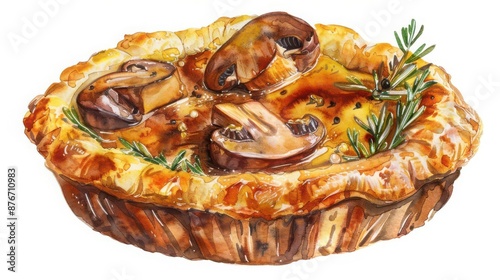 Pulled fable mushroom with mustard pie, food element, watercolor style, rich colors, isolated on white background
