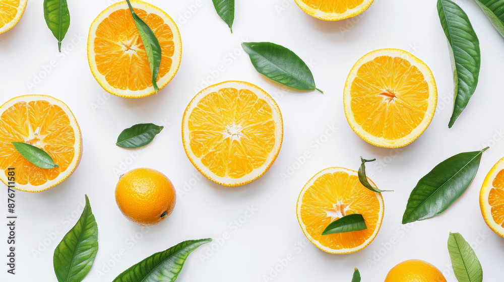 Fresh orange slices with leaves on a white background