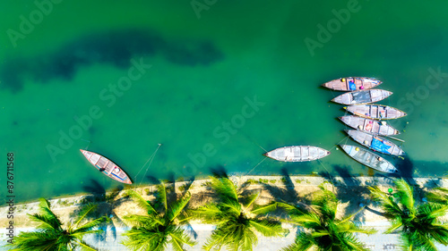 Aerial view of the fishing boat riverside Thu Bon, Hoi An, Vietnam