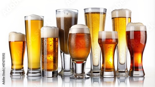 A Variety Of Beer Glasses With Different Types Of Beer.