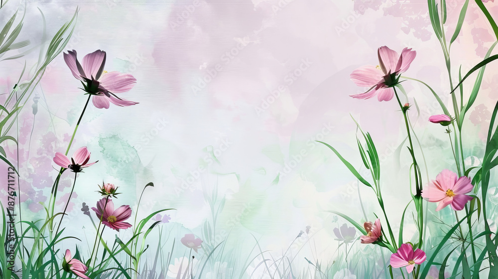 Naklejka premium Fresh spring flowers and grass surrounded by a delicate watercolor frame.