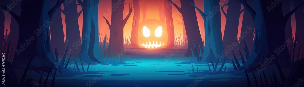 Glowing eyes, spooky 3D forest, flat design illustration Glowing eyes, spooky 3D forest, flat design illustration