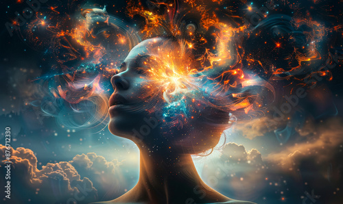 Woman Immersed in Cosmic Thoughts at Night, Depicting Subconscious Mind with Vibrant Memories and Mental Programs, Mental States, Dreamy Abstract Universe © Bartek