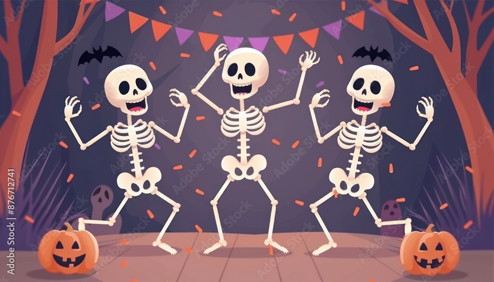 Skeletons dancing, 3D Halloween party, flat design illustration Skeletons dancing, 3D Halloween party, flat design illustration