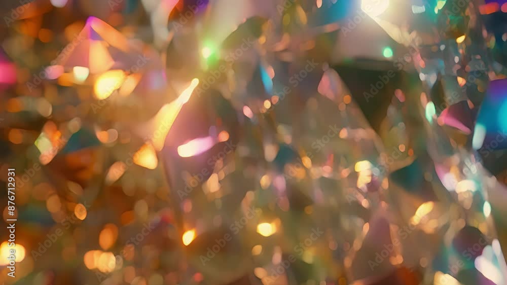 A collection of iridescent polyhedra reflecting and refracting light in a dazzling display.