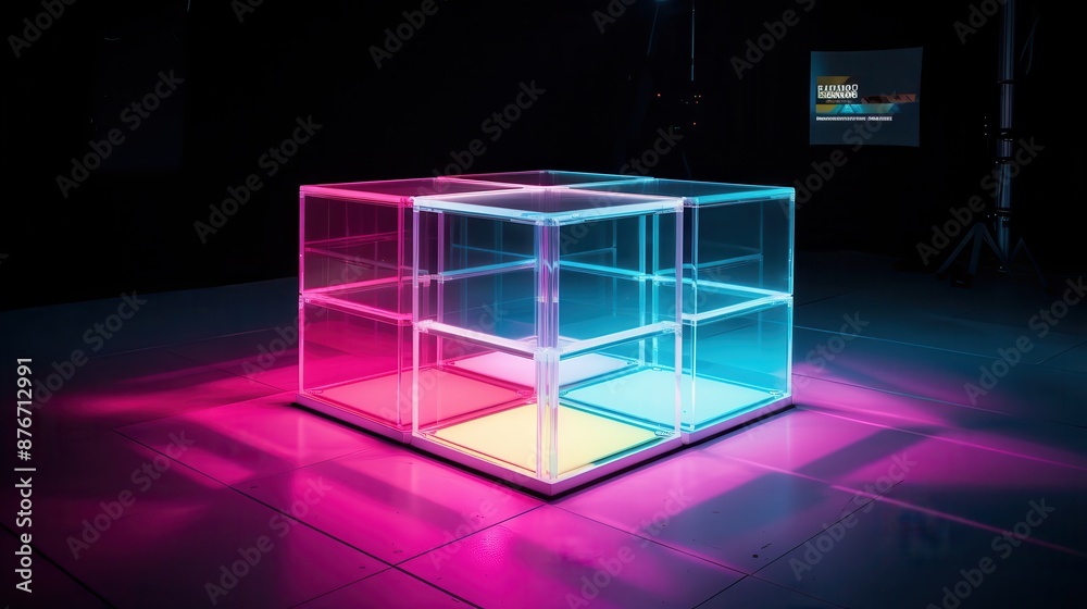 Illuminated cube podium in a nightclub setting, perfect for trendy fashion items and youth-oriented products Illuminated cube podium in a nightclub setting, perfect for trendy fashion items and youth-oriented products