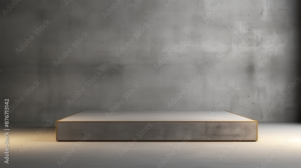 Low, wide podium in a minimalist photo studio, suitable for large products or group displays Low, wide podium in a minimalist photo studio, suitable for large products or group displays