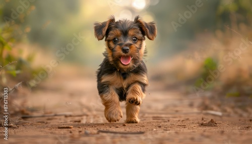 Cute Puppy Running on a Dirt Path in the Woods, Adorable Dog Exploring Nature, Happy Pet Adventure, Small Dog on a Hiking Trail, Outdoor Fun for Dogs