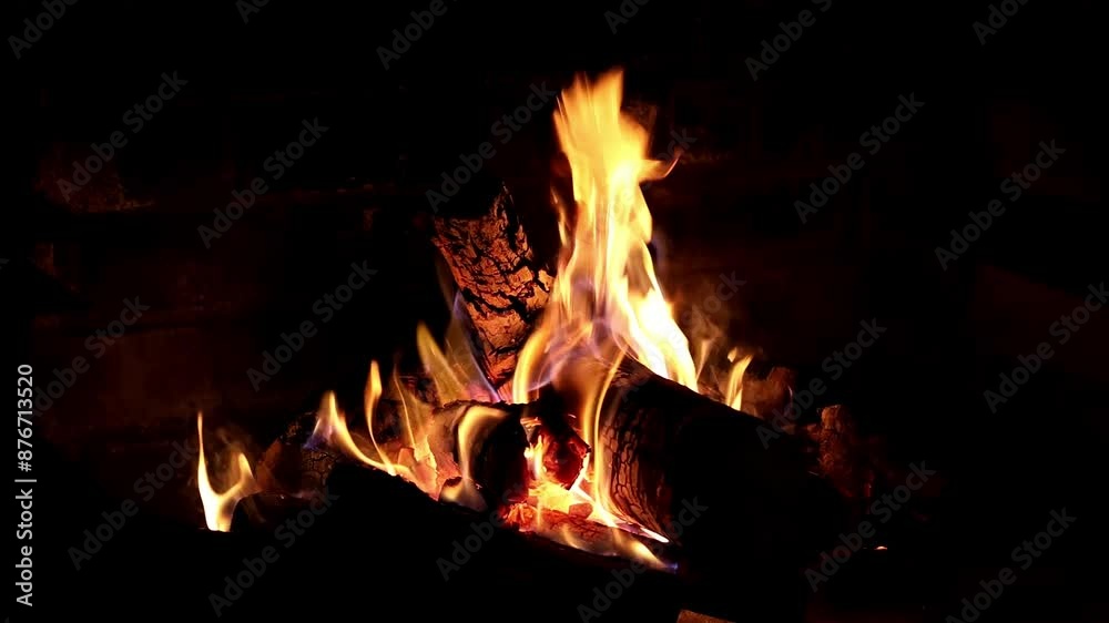 Warm wood crackling fireplace with glowing flames in slow motion - tranquil outdoor dark evening Warm wood crackling fireplace with glowing flames in slow motion - tranquil outdoor dark evening