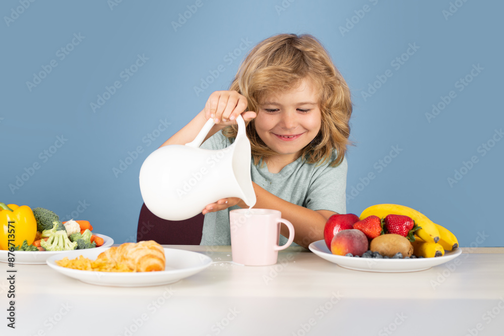 Natural milk. Child drink dairy milk. Healthy child pours milk from jug. Natural milk. Child drink dairy milk. Healthy child pours milk from jug.