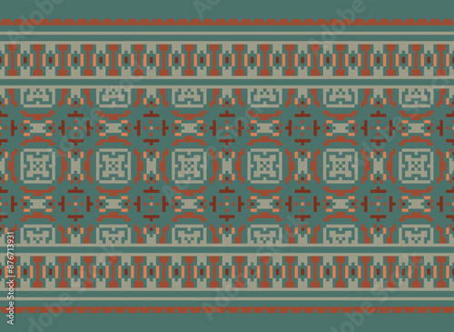 Pixel ethnic oriental pattern traditional design for clothing fabric textile Aztec African Indonesian Indian seamless pattern. Cross Stitch embroidery seamless.