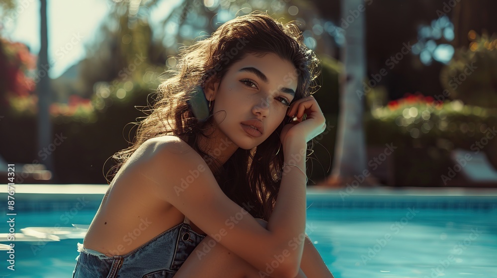 Beautiful woman sitting by the pool. Image of woman on the pool. Beautiful woman sitting by the pool. Image of woman on the pool.