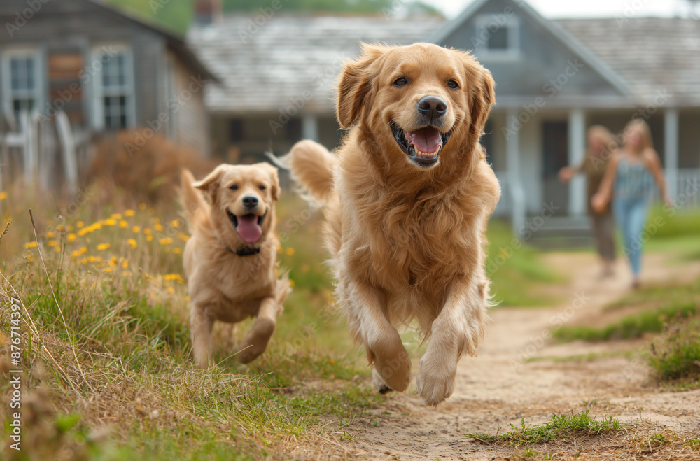 Two joyful golden retrievers running in a field in front of a house Two joyful golden retrievers running in a field in front of a house