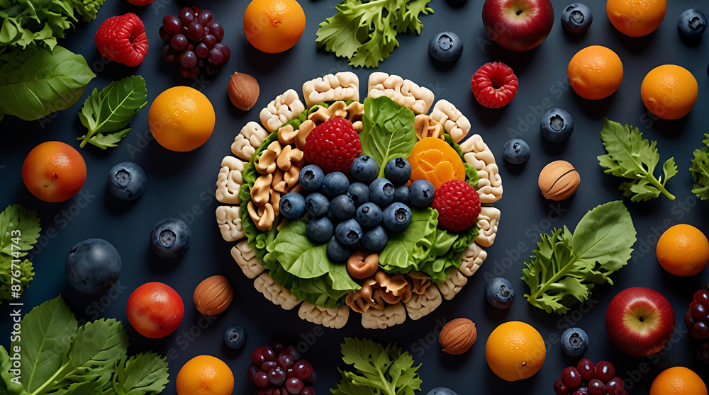 A vibrant, abstract image featuring various brain-boosting foods like blueberries, nuts, and leafy greens, arranged to form a brain shape.
A vibrant, abstract image featuring various brain-boosting foods like blueberries, nuts, and leafy greens, arranged to form a brain shape.