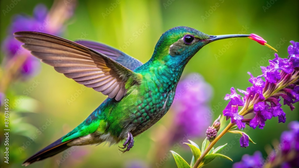 Fototapeta premium A Jeweled Hummingbird Hovers Near A Purple Flower, Its Long Beak Extracting Nectar From The Blossom.