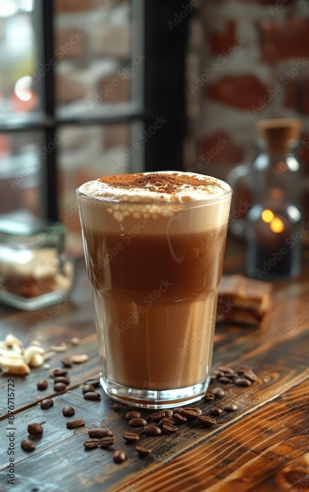 Closeup of a latte with cinnamon on top, surrounded by coffee beans. Closeup of a latte with cinnamon on top, surrounded by coffee beans.