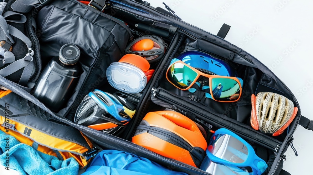 Triathlete packing a transition bag with swim bike Triathlete packing a transition bag with swim bike