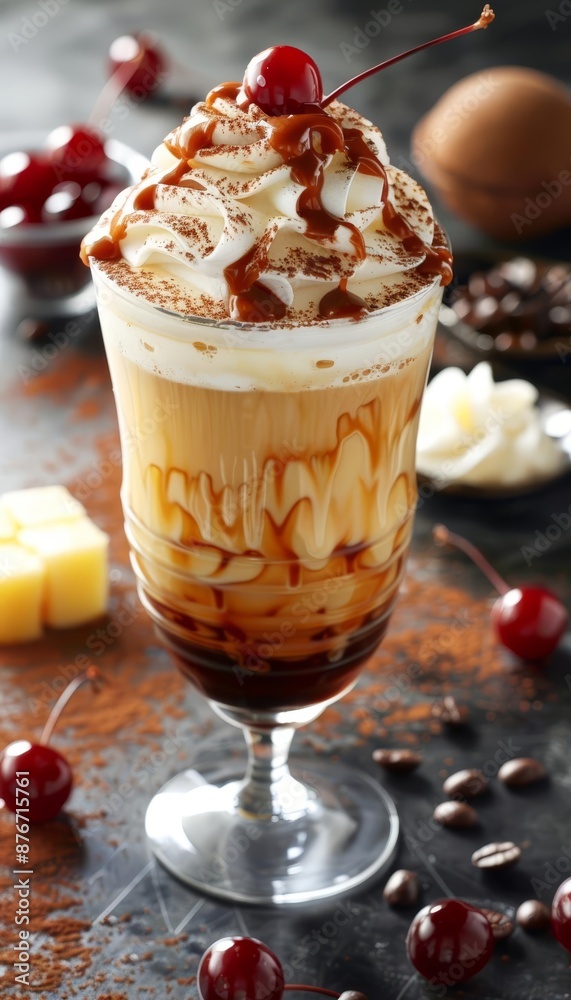Close-up of a delicious coffee drink with whipped cream, caramel, and a cherry. Close-up of a delicious coffee drink with whipped cream, caramel, and a cherry.