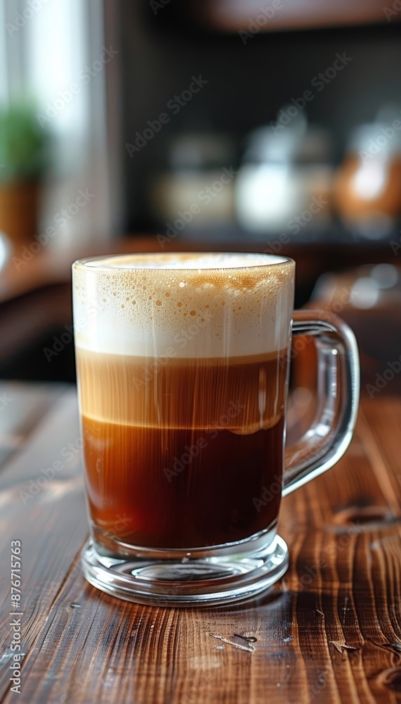 Closeup of a latte in a glass mug on a wooden table. Closeup of a latte in a glass mug on a wooden table.