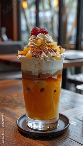 Close-up of a delicious coffee drink with whipped cream, caramel, and a cherry.