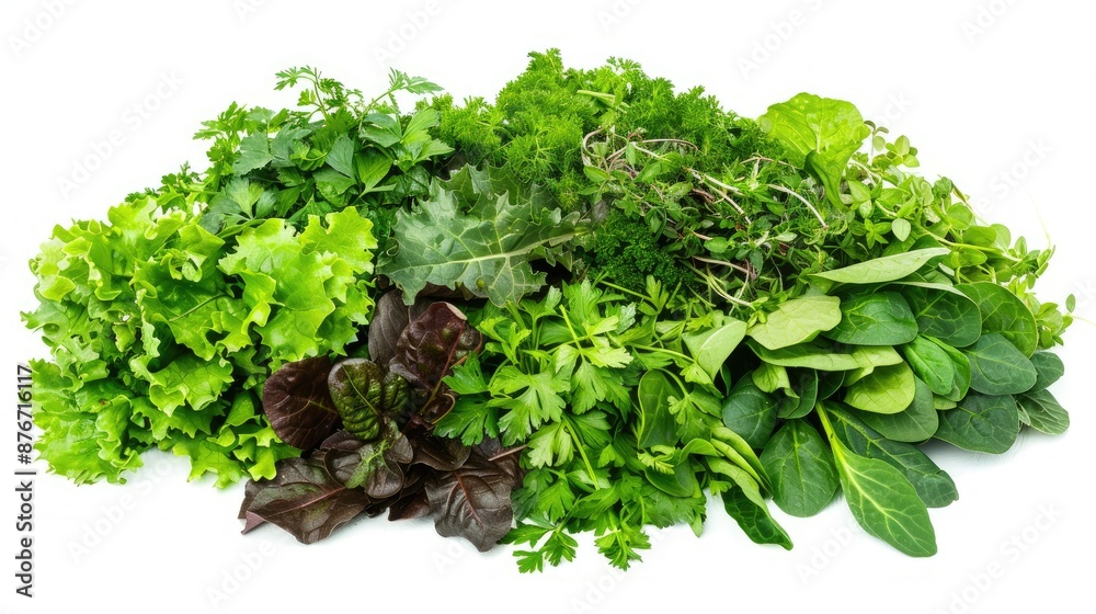 Assorted leafy greens and herbs on a white background, emphasizing healthy eating Assorted leafy greens and herbs on a white background, emphasizing healthy eating