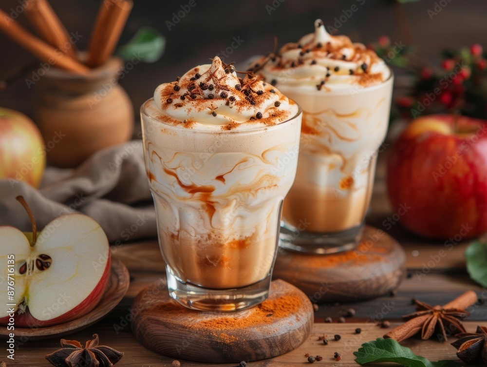 Two glasses of apple cider with whipped cream and cinnamon on a wooden table Two glasses of apple cider with whipped cream and cinnamon on a wooden table