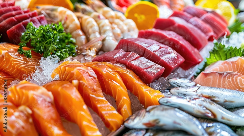 Assortment of fresh seafood, including salmon, shrimp, and tuna, promoting a healthy diet