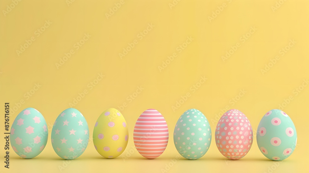 3D render of Easter eggs in a row on a pastel yellow background, clean background, no copyrighted logo, no letters, no peaple 3D render of Easter eggs in a row on a pastel yellow background, clean background, no copyrighted logo, no letters, no peaple