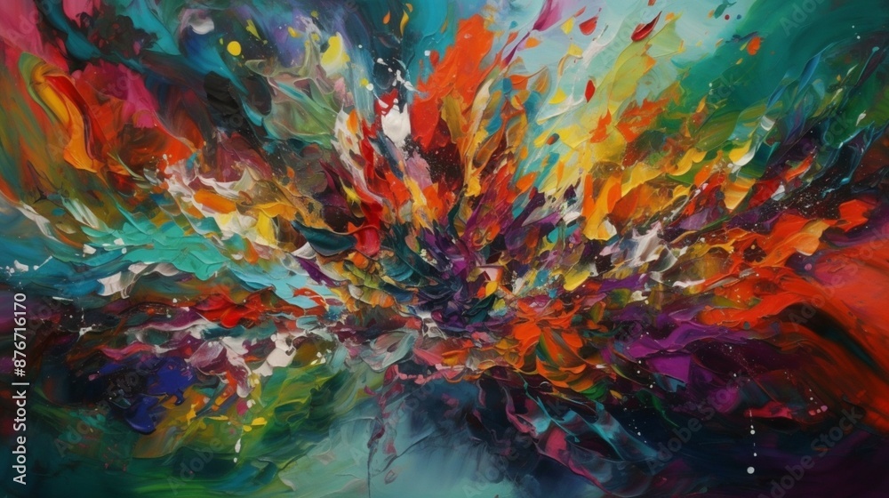 A chaotic yet harmonious mix of paint splatters and drips, each color pooling and blending into the next, creating a sense of controlled chaos on the textured canvas surface, Artwork, mixed media A chaotic yet harmonious mix of paint splatters and drips, each color pooling and blending into the next, creating a sense of controlled chaos on the textured canvas surface, Artwork, mixed media