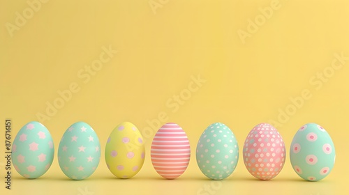 3D render of Easter eggs in a row on a pastel yellow background, clean background, no copyrighted logo, no letters, no peaple
