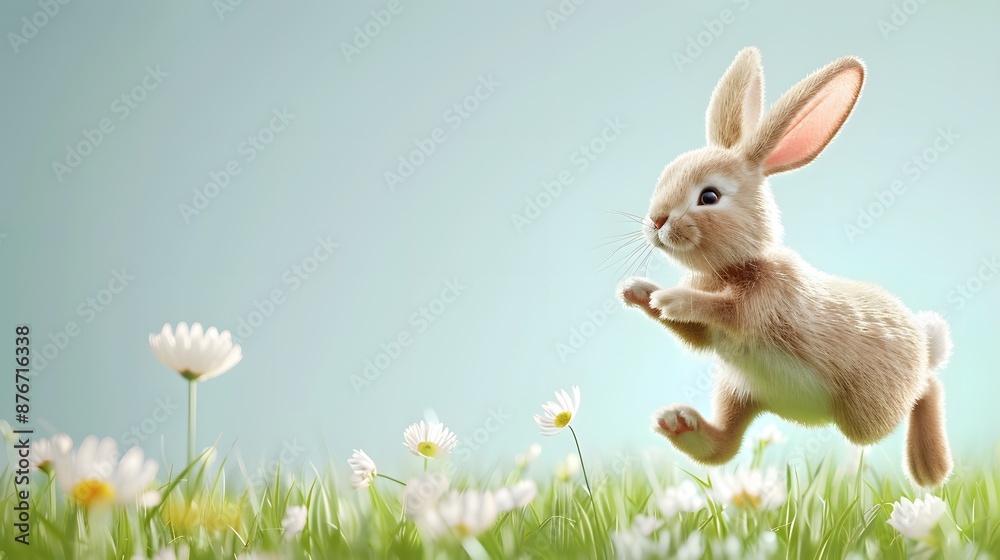 Fototapeta premium 3D render of Easter bunny hopping through a meadow on a pastel green background, clean background, no copyrighted logo, no letters, no peaple