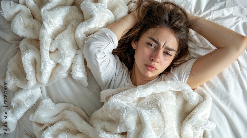 Close up of woman feeling unwell at home, lying in bed under white blankets and frowning, touching head, has headache, migraine,Image of girl feeling sickness. Close up of woman feeling unwell at home, lying in bed under white blankets and frowning, touching head, has headache, migraine,Image of girl feeling sickness.