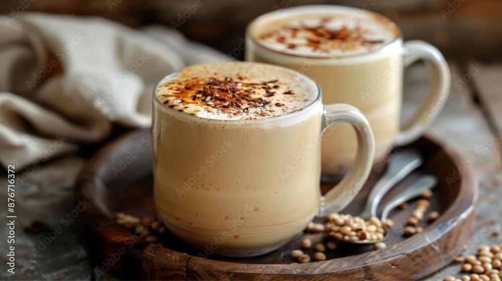 Fototapeta premium Latte Soy Milk Ale Essence Soy milk latte with subtle ale flavors, Latte, Vegan and smooth
