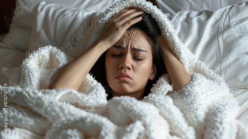 Close up of woman feeling unwell at home, lying in bed under white blankets and frowning, touching head, has headache, migraine,Image of girl feeling sickness.