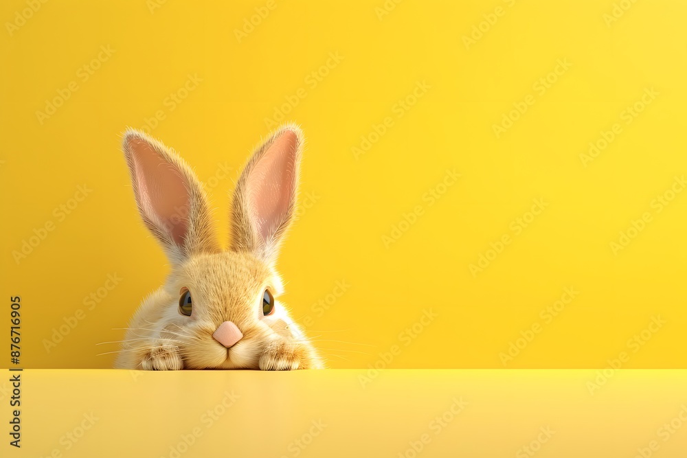 Obraz premium 3D render of Easter bunny peeking out from behind a pastel yellow background, clean background, no copyrighted logo, no letters, no peaple