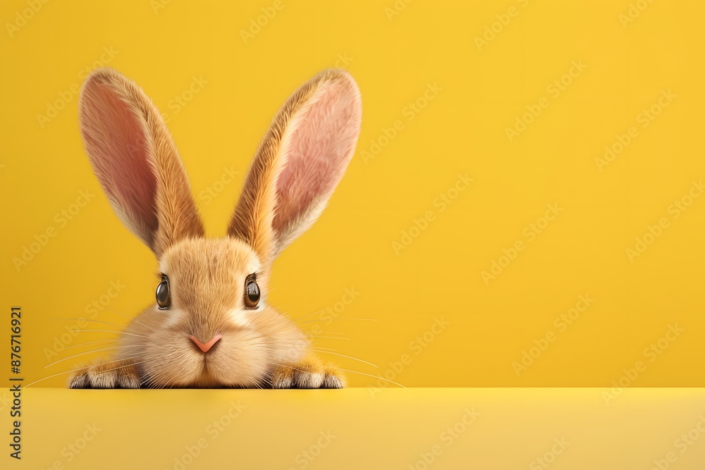 Obraz premium 3D render of Easter bunny peeking out from behind a pastel yellow background, clean background, no copyrighted logo, no letters, no peaple