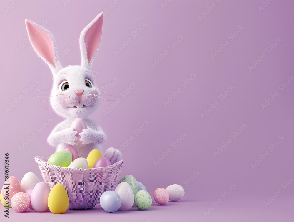 Fototapeta premium 3D render of Easter bunny delivering eggs on a pastel purple background, clean background, no copyrighted logo, no letters, no peaple