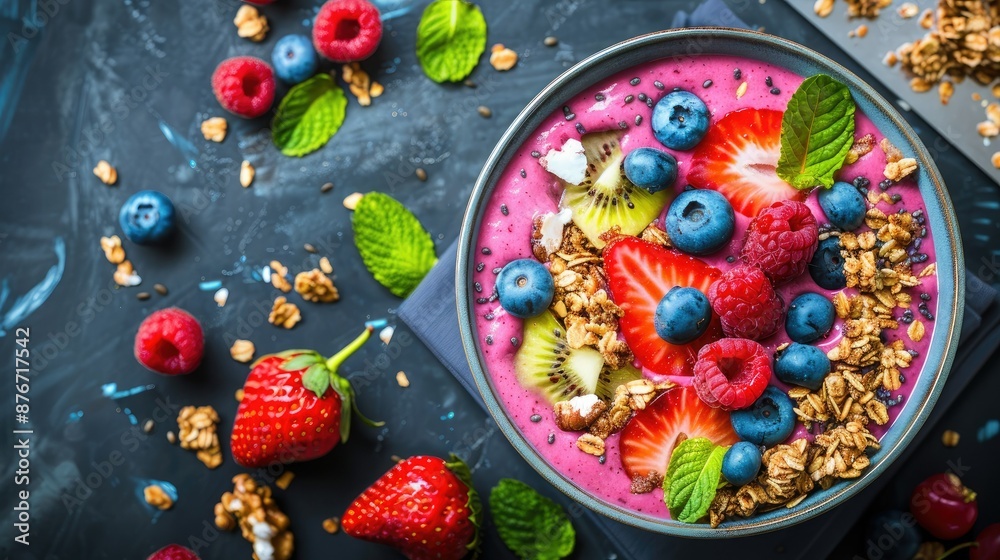 Top view of a colorful smoothie bowl with granola and fresh fruit Top view of a colorful smoothie bowl with granola and fresh fruit