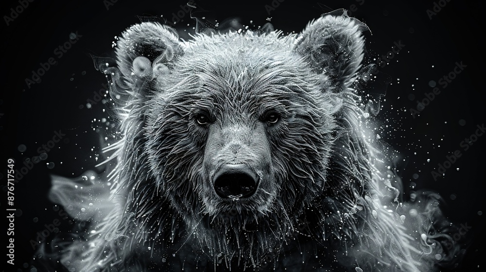 Black bear with water splash on its face against dark backdrop Black bear with water splash on its face against dark backdrop